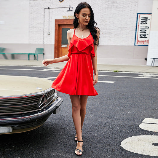 Summer Women Solid Color Backless Pleated Sexy Ruffles Slim Dress Women