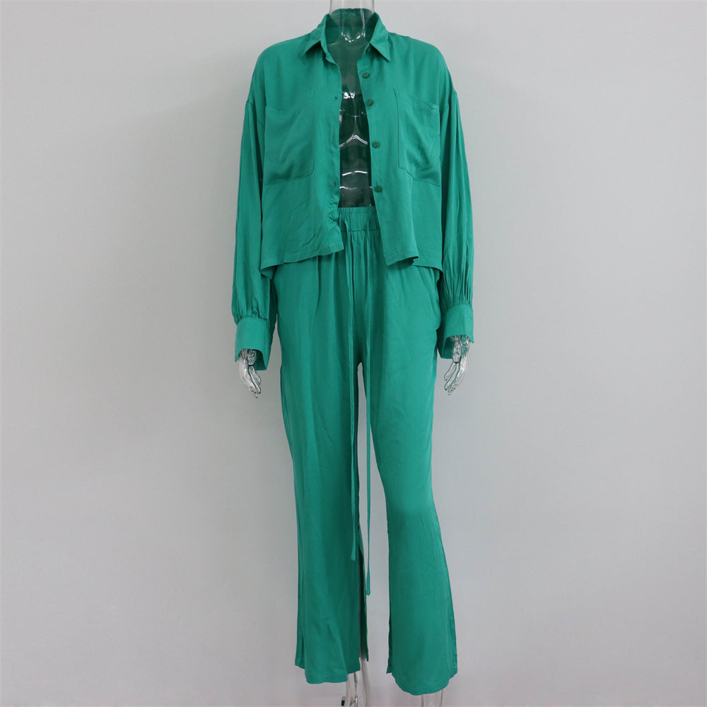 Conjunto informal de dos piezas para mujer, con cuello tipo polo, camisa y pantalones anchos con abertura en la parte superior, para primavera y verano