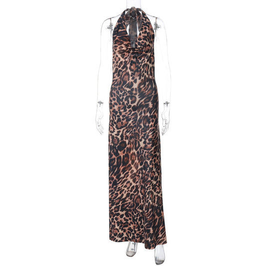Vestido de primavera para mujer, con estampado de leopardo, sin mangas, con tirantes, sexy, sin espalda