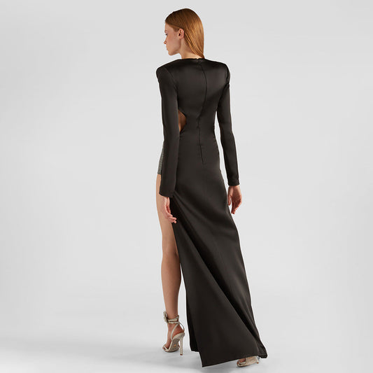 Vestido negro de otoño e invierno con cortes de diamantes de imitación, manga larga, corte entallado y abertura, sexy