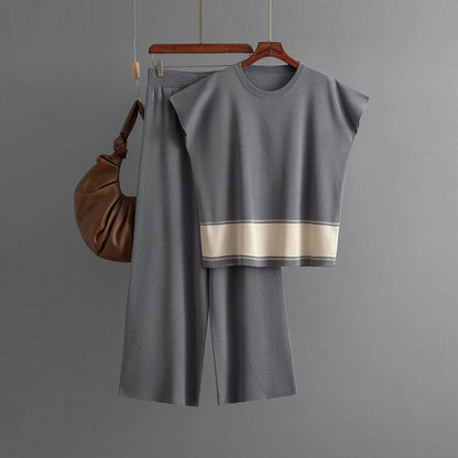 Traje de mujer, ropa de punto, pantalones holgados, adelgazantes, de cintura alta y piernas anchas, traje de dos piezas