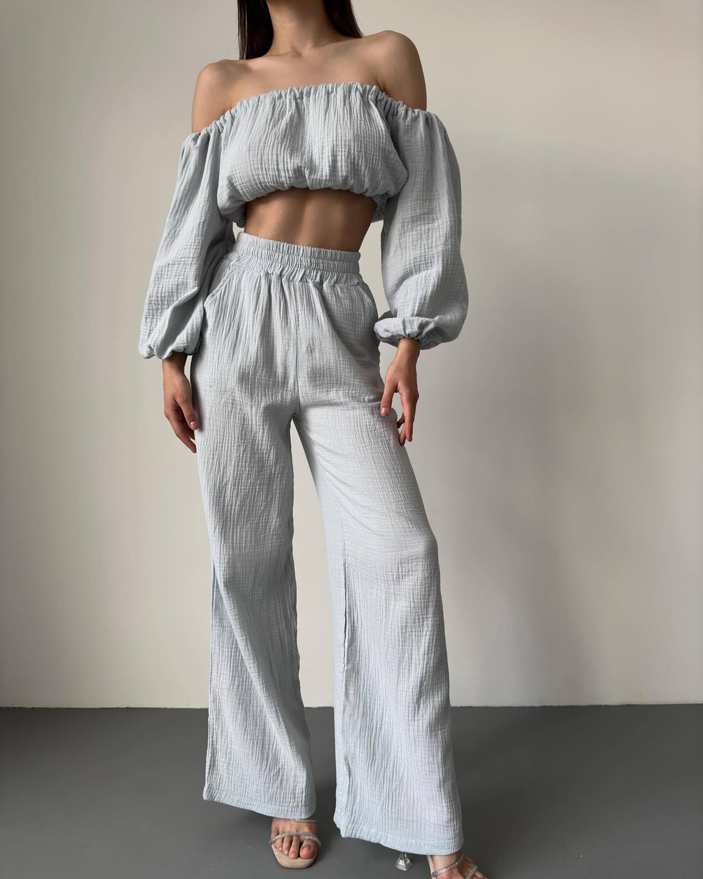 Traje informal de dos piezas para mujer, de verano, de algodón puro, color sólido, con cuello halter, manga corta, cintura alta, pantalones anchos y pierna.