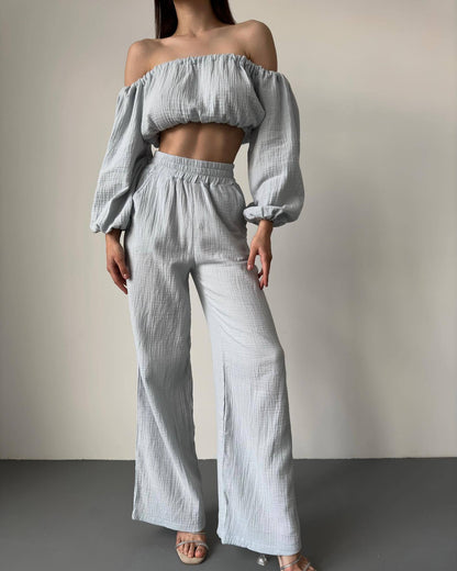 Traje informal de dos piezas para mujer, de verano, de algodón puro, color sólido, con cuello halter, manga corta, cintura alta, pantalones anchos y pierna.