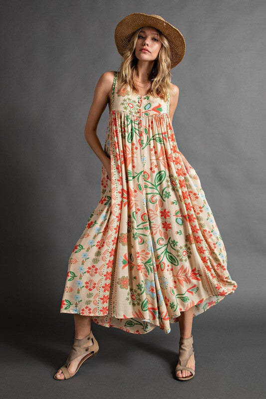 Mono holgado sin mangas con estampado vintage para mujer de verano