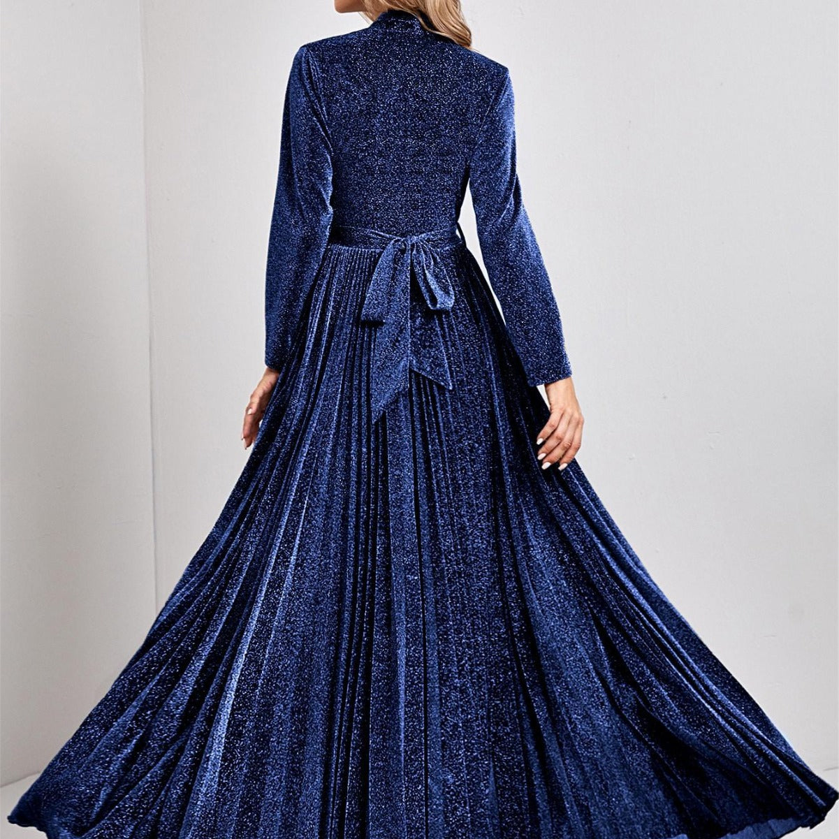 Vestido de noche con escote en V, manga larga, dobladillo grande, elegante, para baile, fiesta, dama de honor