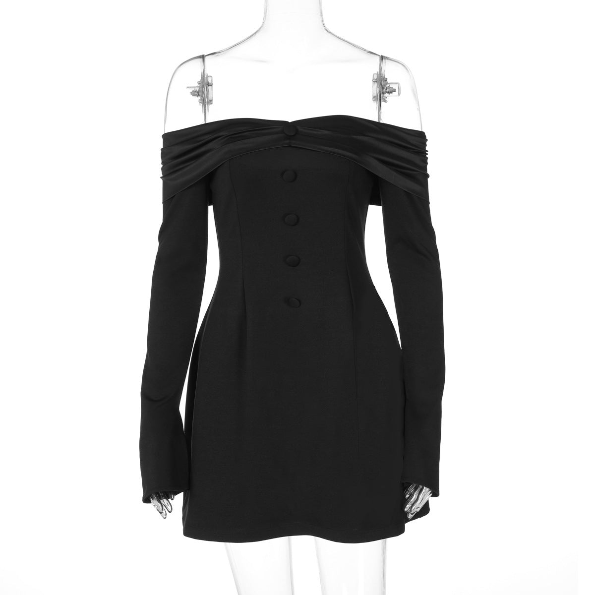 Vestido corto sexy con escote pronunciado y hombros descubiertos para mujer, mangas acampanadas y cintura adelgazante.