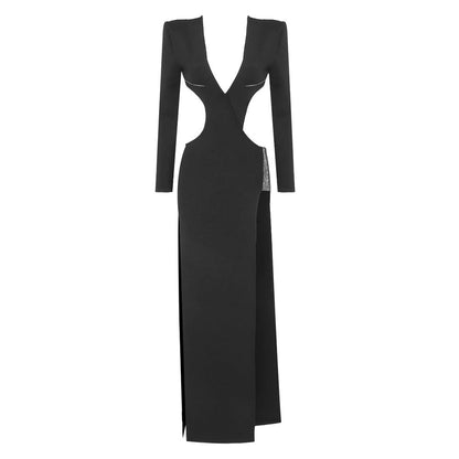 Vestido negro de otoño e invierno con cortes de diamantes de imitación, manga larga, corte entallado y abertura, sexy