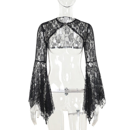 Autumn Elegant Lace Batwing Sleeve Irregular Asymmetric Overhaul Waistcoat Top Women