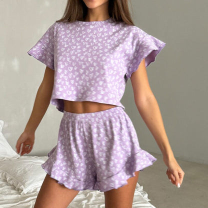 Conjunto de pijama de dos piezas con estampado informal de verano para mujer, manga corta con volantes y cuello redondo
