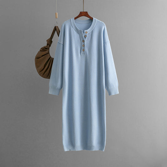 Vestido de punto con botones para otoño e invierno, color liso, holgado e informal, para mujer