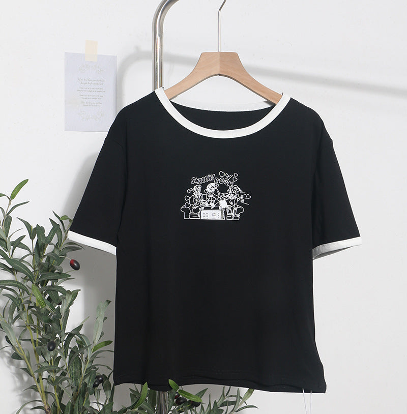 Real Shot Loose Slimming Printed round Neck Contrast Color Short Sleeve Casual Bottoming Shirt Top T shirt