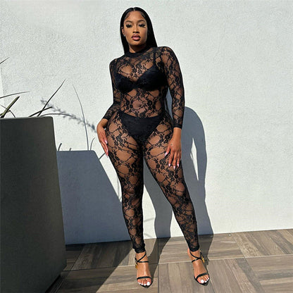 Ropa de mujer Primavera Verano Calle Sexy Transparente Cuello redondo Manga larga Encaje Ajustado Pantalones de Una Pieza