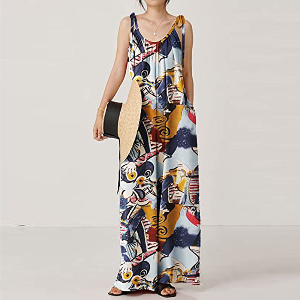Mono informal holgado con tirantes y estampado de verano para mujer