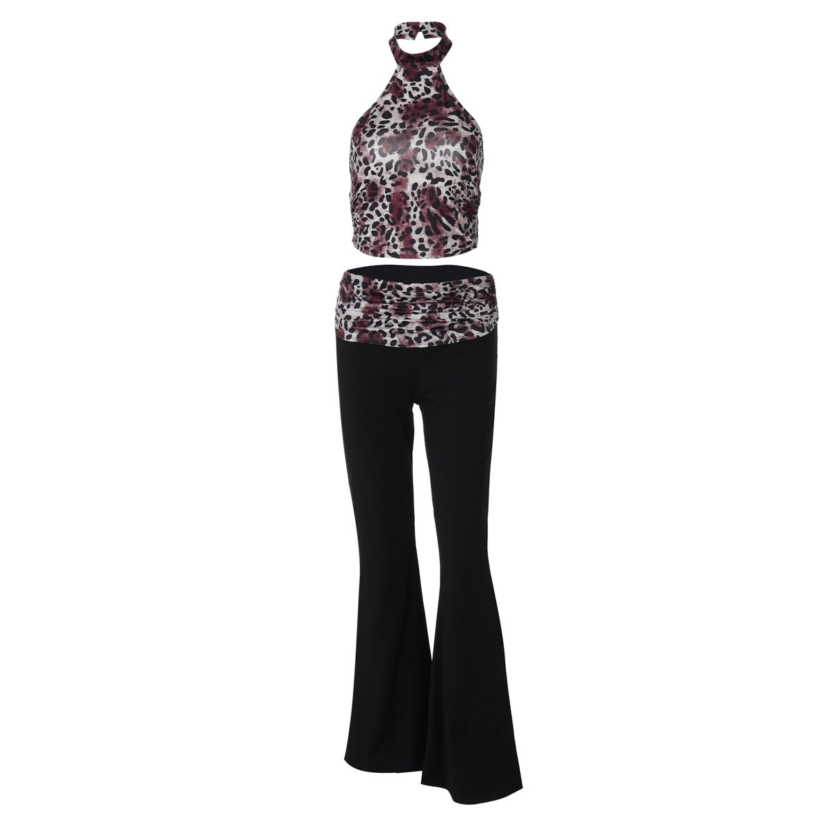 Women Clothing Summer Leopard Print Sleeveless Halter Vest Stitching Flared Pants Two Piece Set