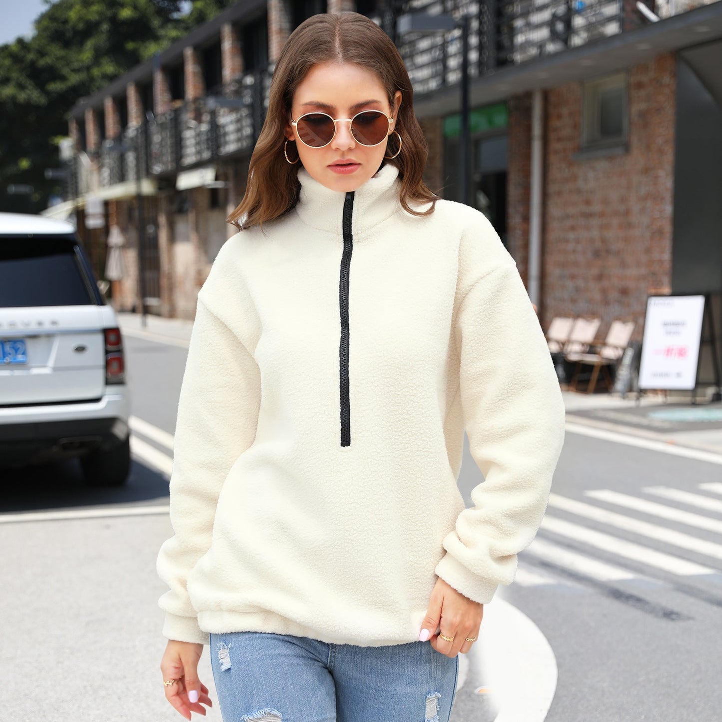 Sudadera de manga larga con cremallera y parte superior informal de felpa para mujer