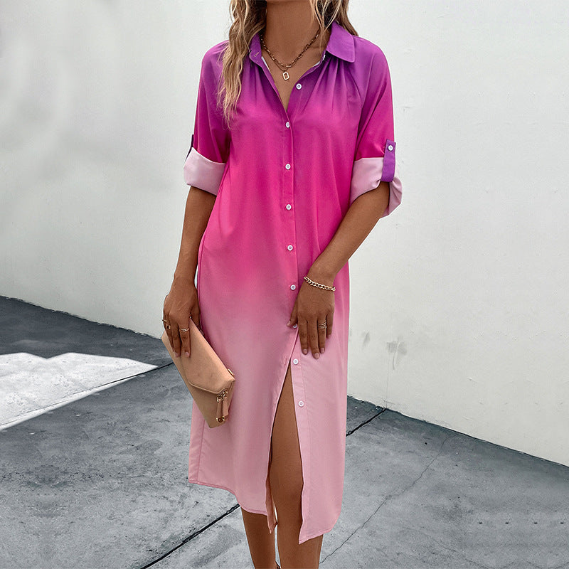 Vestido camisero degradado de manga larga para mujer de otoño