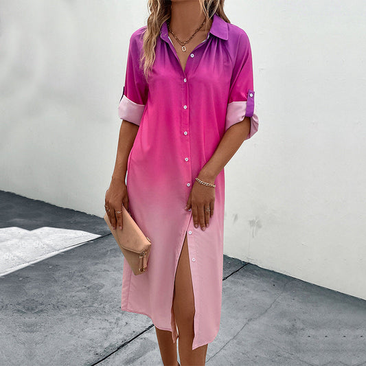 Vestido camisero degradado de manga larga para mujer de otoño