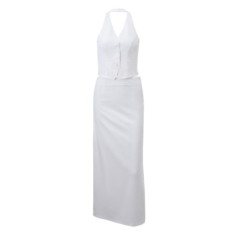 Ropa de otoño para mujer, traje sexy de dos piezas con escote en V, top con tirantes y falda con abertura en la cintura baja