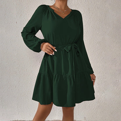 Vestido holgado informal de manga larga con volantes para mujer, primavera/verano, ajustado, con cintura alta