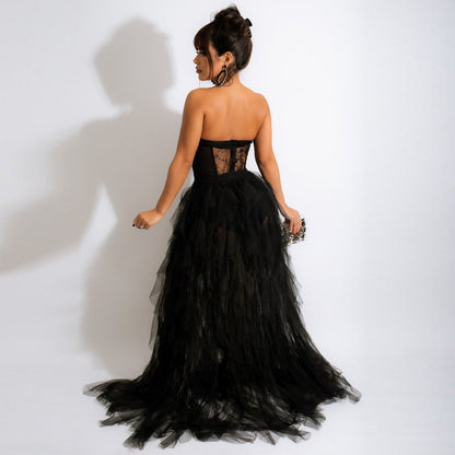 Vestido sexy de malla transparente con encaje que envuelve el pecho