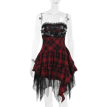 Vestido tubo rojo elegante y sexy de cuadros escoceses de estilo socialité de verano para mujer
