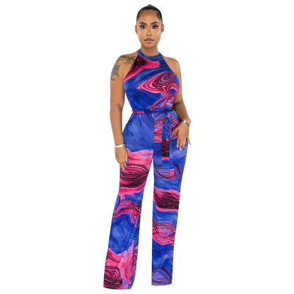 Mono de verano para mujer, sexy, sin mangas, con cordones y estampado