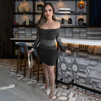 Vestido sexy de fiesta con hombros descubiertos y diamantes de imitación para mujer