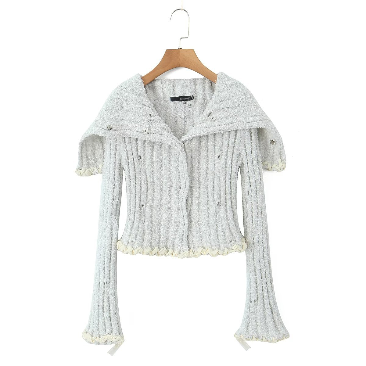 Conjunto de suéter de punto con cuello grande y cuerda hecha a mano en dos colores de otoño