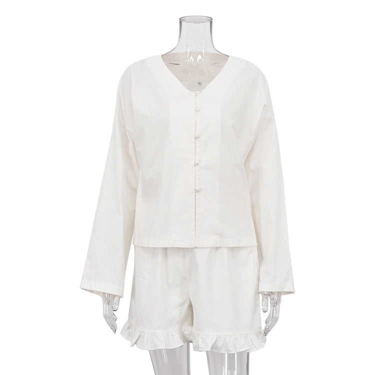 Conjunto de dos piezas de ropa de verano para mujer, color beige, manga larga, camisa holgada informal, pantalones cortos de cintura alta