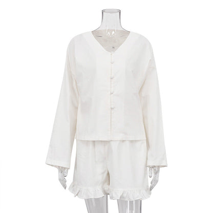 Conjunto de dos piezas de ropa de verano para mujer, color beige, manga larga, camisa holgada informal, pantalones cortos de cintura alta