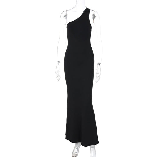 Women Clothing Arrival Sexy Cutout One Shoulder Backless Slim Fit Long Solid Color Sexy Dress Hair