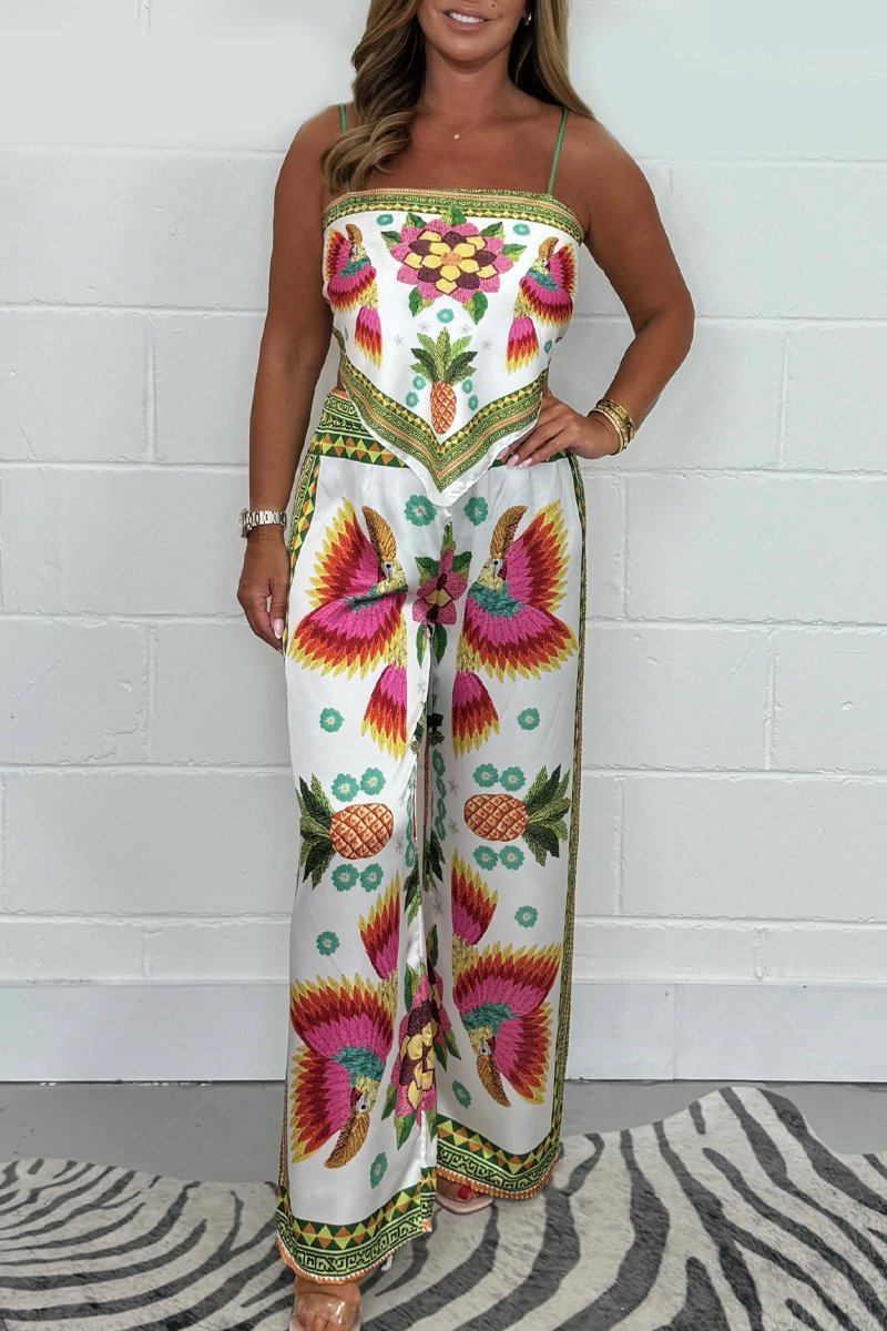 Traje de pantalón con top de tirantes de satén con estampado sexy