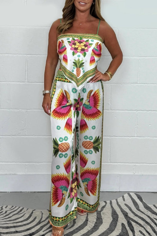 Sexy Printing Positioning Satin Sling Top Trousers Suit