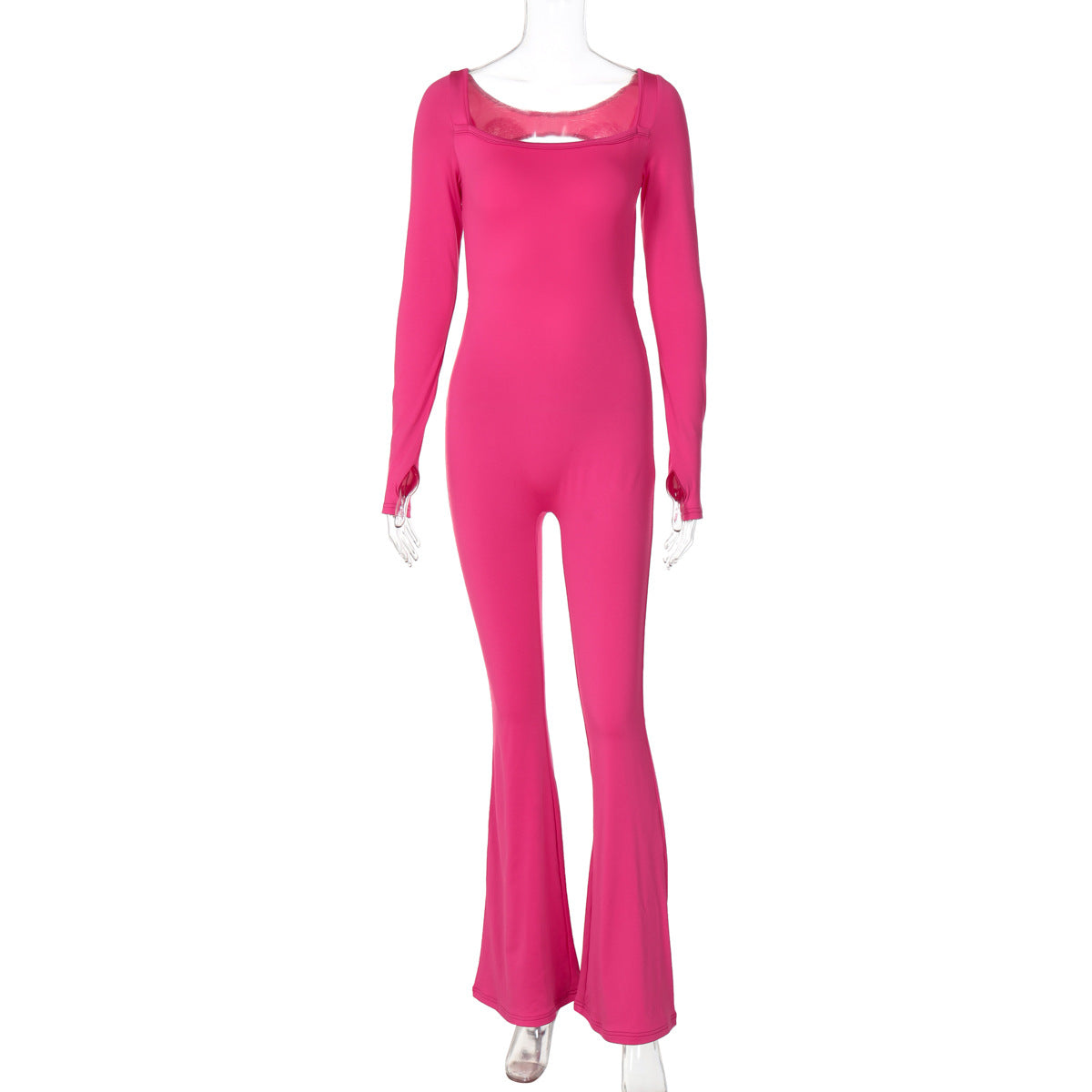 Pantalones deportivos de una pieza de color sólido con cuello en U, manga larga, sin espalda, mono de polar para mujer, ropa de otoño