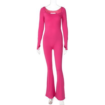 Pantalones deportivos de una pieza de color sólido con cuello en U, manga larga, sin espalda, mono de polar para mujer, ropa de otoño