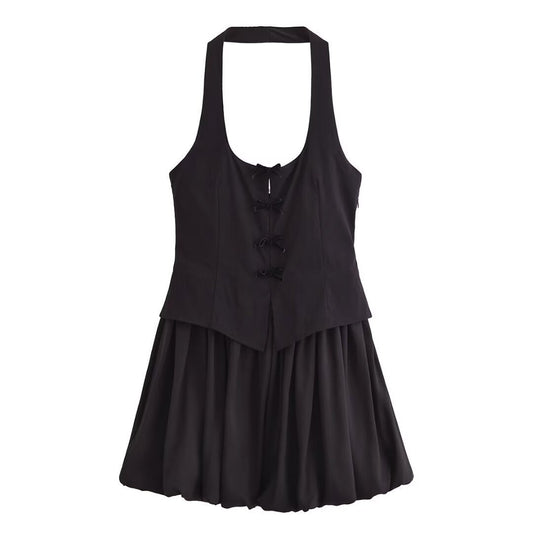 Vestido mini sexy con escote redondo, espalda descubierta y fruncido