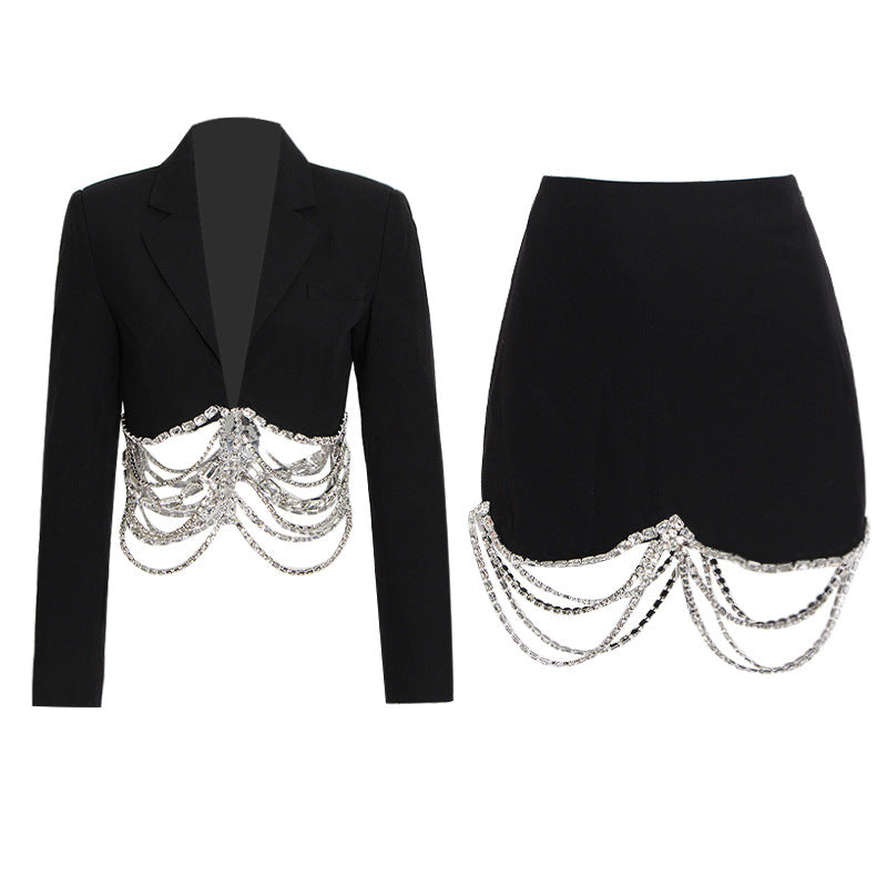 Conjunto de falda de otoño con costuras de cadena de diamantes de imitación, falda corta negra ajustada