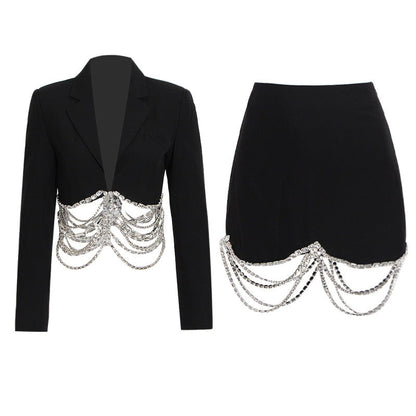 Conjunto de falda de otoño con costuras de cadena de diamantes de imitación, falda corta negra ajustada