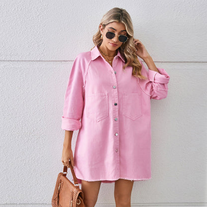 Vestido vaquero con borde sin rematar y costuras de manga larga para mujer