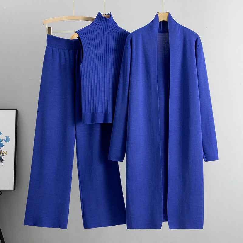 Conjunto de tres piezas de primavera para mujer, traje de punto holgado, cárdigan con chal largo y cuello alto, chaleco y pantalones de pierna ancha