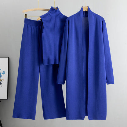 Conjunto de tres piezas de primavera para mujer, traje de punto holgado, cárdigan con chal largo y cuello alto, chaleco y pantalones de pierna ancha