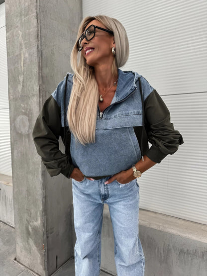 Sudadera con capucha para mujer, holgada, informal, con costuras vaqueras y lavado al agua, para otoño