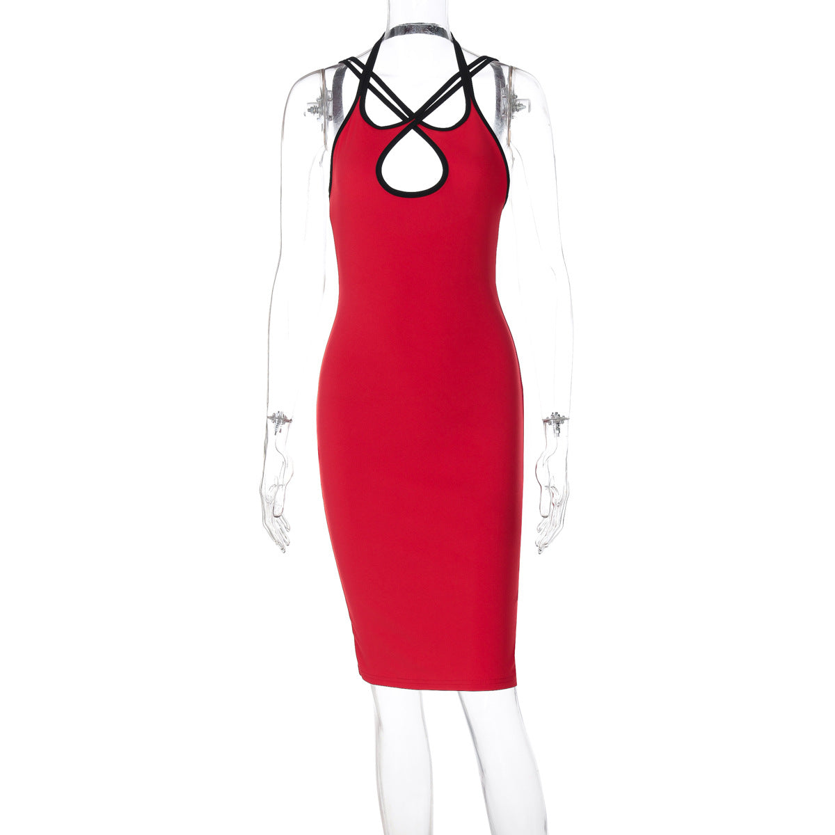 Contrast Color Hollow Out Cutout Slim Fit Dress Women Clothing Spring Halter Backless Lace up Hip