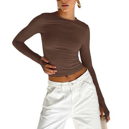 Camiseta de cuello redondo de color liso para mujer, camiseta sexy ajustada de manga larga, camiseta de otoño e invierno