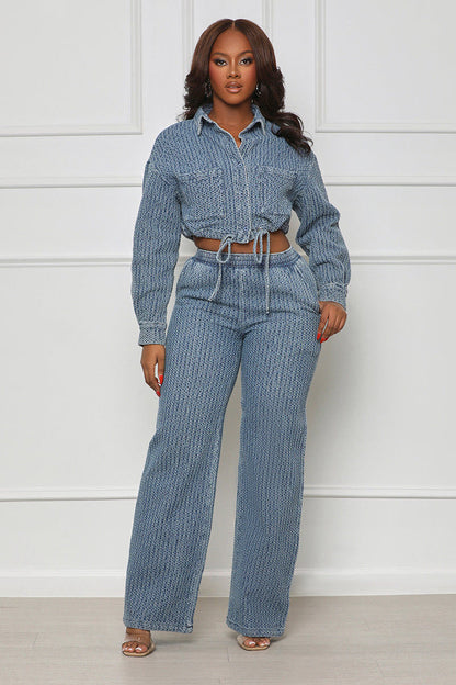 Conjunto de dos piezas de pantalones vaqueros de manga larga para mujer