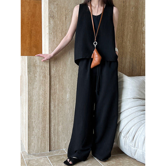 Chaleco sin mangas con abertura en la espalda, top, pantalones anchos, traje coreano de dos piezas para desplazamientos diarios