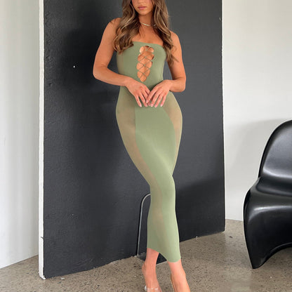 Vestido de primavera y verano con aberturas y parte superior de tubo, sexy, con costuras de malla transparente, vestido de mujer