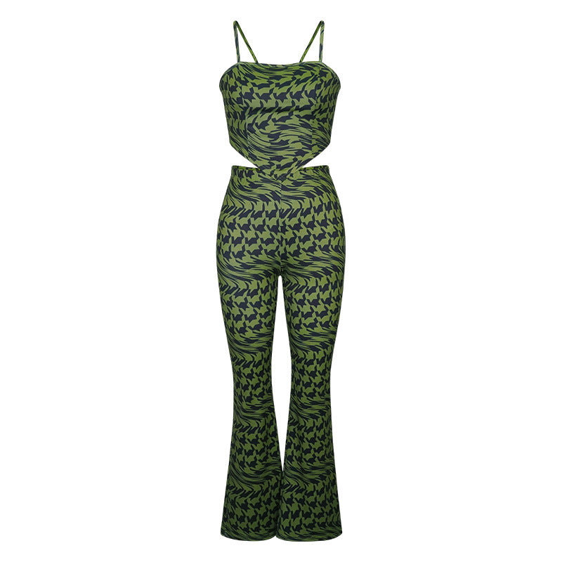 Traje verde estampado chaleco pantalones anchos traje casual de dos piezas