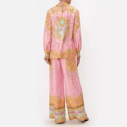 Traje informal de dos piezas para mujer, con camisa y pantalones estampados rosas de manga larga para vacaciones