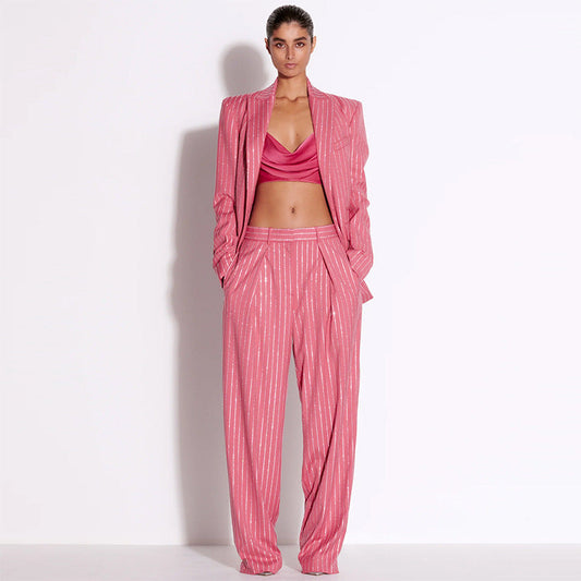 Traje de dos piezas con blazer y pantalón holgado de diamantes de imitación de estrella de la alta sociedad